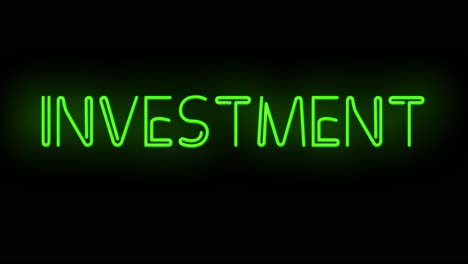 Blinkendes-Neongrünes-Investitionsschild-Auf-Schwarzem-Hintergrund,-Das-Mit-Flimmern-Ein--Und-Ausgeschaltet-Wird