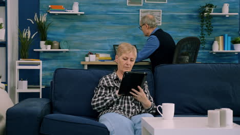 Focused-senior-grandmother-relaxing-sitting-on-sofa-typing-tablet-browsing