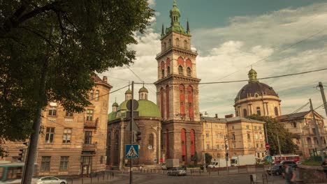 Time-lapse-of-moving-clouds-over-the-church-in-city-Lviv,-Ukraine.-Central-part-of-old-city