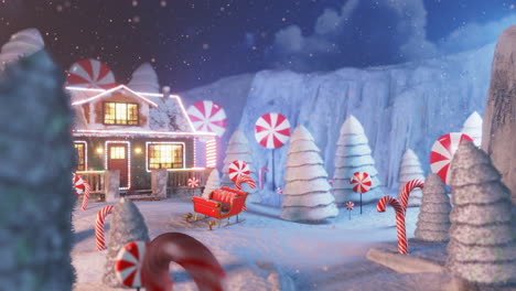 Weihnachtswunschkarte-Fallender-Schnee-Auf-Hellem-Haus-In-Der-Nacht