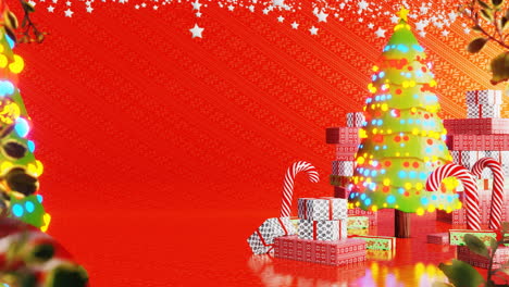 Weihnachtsbaum-Mit-Girlanden-Auf-Rotem-Hintergrund