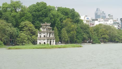 Turtle-Tower,-small-tower-in-the-middle-of-Hoan-Kiem-Lake,-Hanoi,-Vietnam