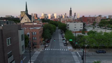 Chicago-suburb-during-sunset-with-view-of-the-downtown-skyline