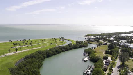 Aerial-view-of-inlet-at-Boca-Grande-Islands-Gasparilla-golf-course,-Florida