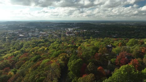 Aerial-Above-Autumn-Trees-On-Sunny-Day-In-Fayetteville,-Arkansas,-USA