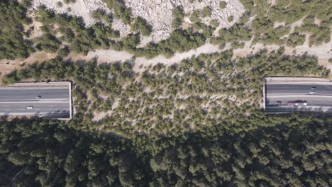 Aerial-view-of-asphalt-road-with-green-forest-on-both-sides,-the-drone-moves-along-the-highway-in-a-rural-area