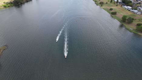 Aerial-View-Of-Powerboats-Competing-In-Racing-Event-On-Clarence-River,-Grafton,-NSW,-Australia