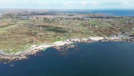 Aerial-wide-landscape-shot-at-Coral-Beach-in-Connemara,-Galway-in-Ireland-during-a-sunny-day-in-October