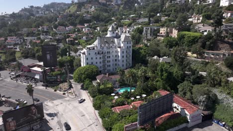 Aerial-View-Of-Famed-Chateau-Marmont-Hotel-Beside-Sunset-Boulevard