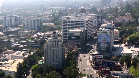 Sunset-Tower-Hotel-on-Sunset-Boulevard,-West-Hollywood---aerial-push-in