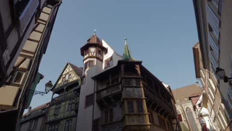 Low-angle-shot-of-the-Pfister-house,-in-the-medieval-village-in-France