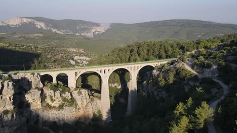 Historische-Steinbrücke,-Drohnenansicht-Einer-Historischen-Steinbrücke,-Die-über-Dem-Mit-Grün-Bedeckten-Fluss-Gebaut-Wurde