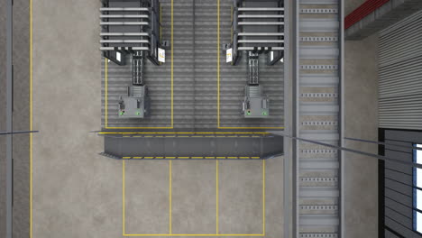 Top-down-view-of-automated-factory-with-conveyor-belts,-3D-render