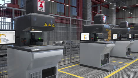 Rows-of-high-voltage-machines-in-warehouse-respecting-safety-measures,-3D-render