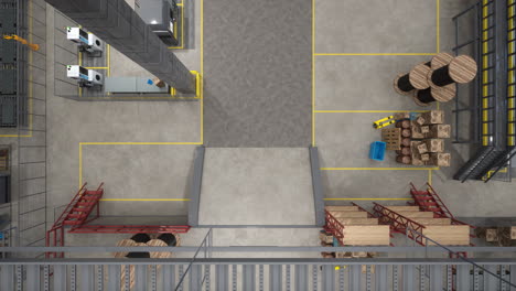 Manufacturing-equipment-in-automated-warehouse,-aerial-drone-shot