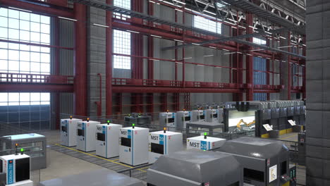 Factory-with-rows-of-automated-industrial-machines,-conveyor-belts,-3D-render