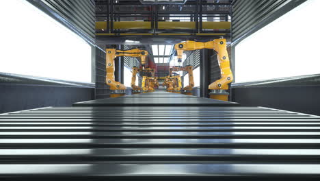 Automated-factory-with-robot-arms-placing-products-on-conveyor-belts,-3D-render
