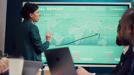 Office-administrator-presenting-data-reports-and-funding-on-interactive-board