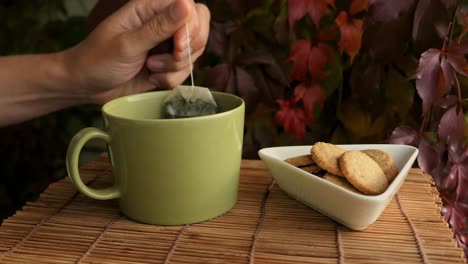 Relaxing-cozy-weekend-autumn-moment,-tea-and-biscuits-outside-in-fall