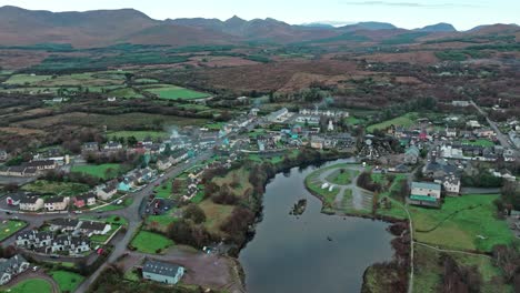 Drone-Sneem-touristic-village-on-The-Ring-Of-Kerry-on-a-early-autumn-morning-in-Ireland