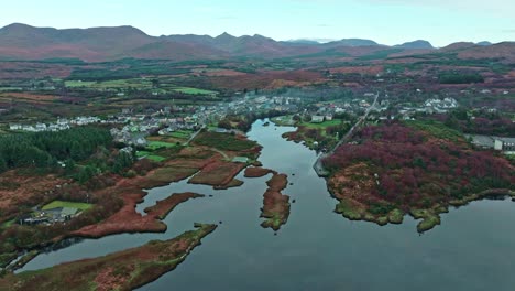 Landscape-drone-flying-to-Sneem-Tourist-village-on-the-ring-of-Kerry-Ireland-on-the-wild-Atlantic-way-autumn-in-Ireland