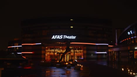 Entrance-of-the-beautiful-AFAS-Theater-in-Leusden,-the-Netherlands,-at-night
