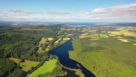 Aerial-View-Over-Loch-Ness,-Looking-Towards-Inverness,-Scottish-Highlands,-Scotland