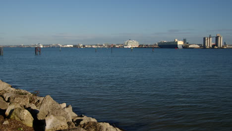 Extra-Wide-Shot-of-Southampton-docks,-taking-across-the-Solent-at-Hythe-Marina