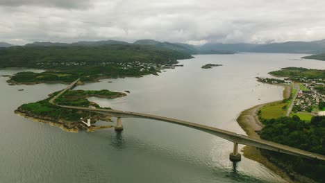 West-of-Scotland-by-Air:-The-Skye-Bridge-as-a-Portal-to-the-Isle's-Wonders,-Kyle-of-Lochalsh-into-Isle-of-Skye-on-the-West-Coast-of-Scotland,-Scottish-Highlands,-United-Kingdom