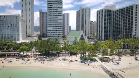 City-of-Honolulu,-Oahu,-Hawaii-aerial-drone-view-of-beach-and-city