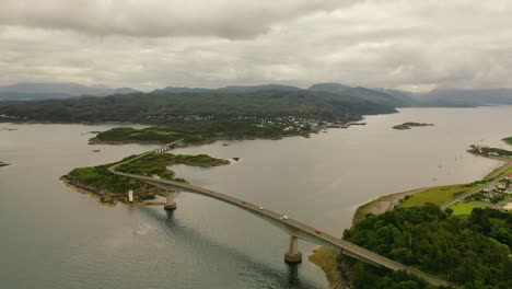 West-Coast-Artery:-Aerial-Footage-of-Skye-Bridge-Connecting-Scottish-Highlands-to-the-Isle-of-Skye,-Scotland,-United-Kingdom