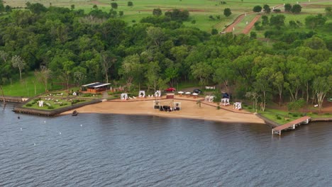 Aerial-view-of-Villa-Náutica,-a-new-leisure-space-on-the-Paraná-River-in-Posadas,-Misiones