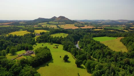 Aerial-of-Scottish-Landscape,-Views-of-Scotland,-Scottish-Countryside-Over-The-River-Tweed,-Scottish-Borders
