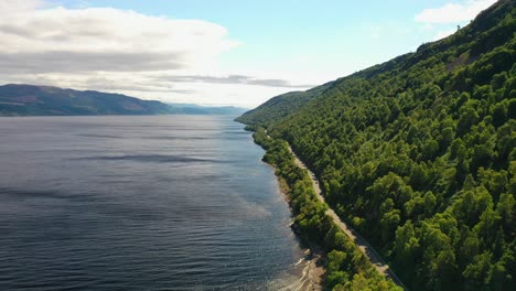 Aerial-View-Along-Loch-Ness,-Scottish-Highlands,-Scotland