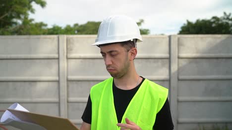 A-Manager,-Wearing-a-White-Hard-Hat,-is-Assessing-the-Information-Documented-on-the-Clipboard---Medium-Close-Up