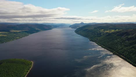 Aerial-View-of-Loch-Ness,-Scottish-Loch-in-the-Highlands,-Scotland