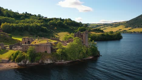Close-Up-Aerial-View-of-Urquhart-Castle-on-Loch-Ness-in-Scottish-Highlands
