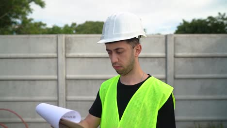 An-Architect,-Wearing-a-White-Hard-Hat,-is-Inspecting-the-Information-on-a-Clipboard---Medium-Close-Up