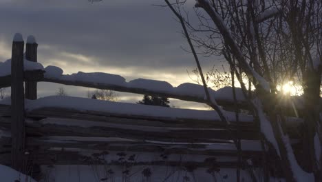 Zoom-out-shot-of-snow-covered-fence-at-dawn,-sun-shining-on-horizon