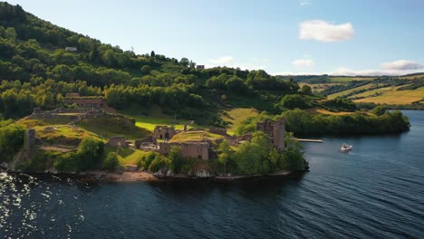 Elevated-History:-The-Ruins-of-Urquhart-Castle-on-Loch-Ness,-Nestled-in-the-Scottish-Highlands,-Scotland,-United-Kingdom