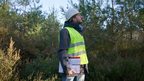 Male-engineer-looking-upwards-at-the-trees-while-holding-his-clipboard-in-the-middle-of-the-forest,-handheld-closeup