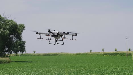 Huge-agricultural-automated-crop-spraying-drone-fly-above-green-farmland
