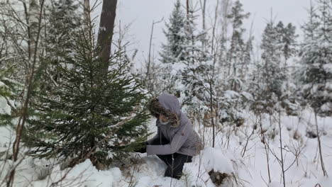 Women-dressed-for-winter-cutting-spruce-Christmas-tree-with-hand-wood-saw