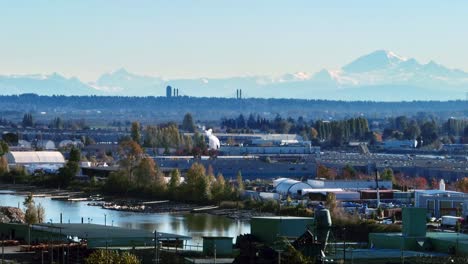 Mountain-Range-Seen-Across-Industrial-Area-In-Vancouver,-British-Columbia,-Canada