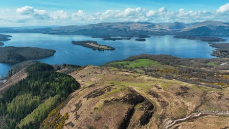 Aerial-View-of-Loch-Lomond-From-Conic-Hill,-Beautiful-Scottish-Landscape-in-Scottish-Highlands,-Scotland,-United-Kingdom