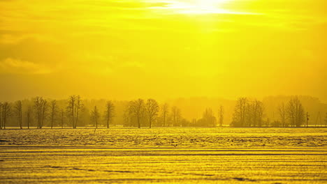 Zeitraffer-Sonnenaufgang-Am-Goldenen-Himmel-In-Ländlicher-Winterlandschaft-Außerhalb-Von-Riga,-Lettland