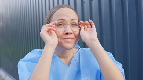 Optimistische-Ärztin,-Die-Eine-Brille-Aufsetzt-Und-In-Eine-Glänzende-Zukunft-Blickt