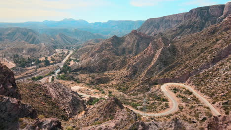 Drone-image-of-the-road-leading-to-Canon-del-Atuel,-capturing-the-scenic-journey-amidst-the-captivating-landscapes-of-San-Rafael,-Mendoza,-Argentina