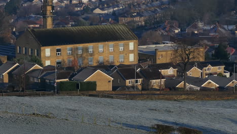 Establishing-Aerial-Drone-Shot-of-Calverley-Village-on-Frosty-Winter-Morning-Leeds-West-Yorkshire-UK