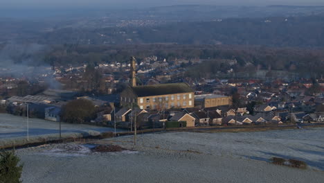 Establishing-Aerial-Drone-Shot-of-Calverley-Village-in-Leeds-on-Frosty-Morning-in-West-Yorkshire-UK